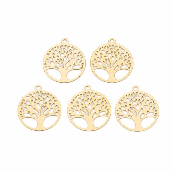

PandaHall Rack Plating 201 Stainless Steel Filigree Pendants, Etched Metal Embellishments, Nickel Free, Flat Round with Tree of Life, Real...