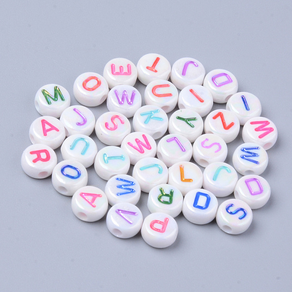 

PandaHall Opaque White Acrylic Beads, Metal Enlaced, Horizontal Hole, Flat Round with Letters, Mixed Color, 7x3.5mm, Hole: 1.8mm, about..., Multicolor