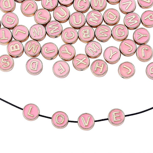 

PandaHall Alloy Enamel Beads, Flat Round with Letter, Light Gold, Pink, 8x3.5mm, Hole: 1.4mm, 50pcs/box Alloy+Enamel Flat Round Pink