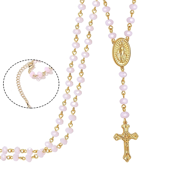 

PandaHall Glass Rosary Bead Necklace, Golden Brass Cross & Jesus Pendant Necklace, Pink, 19.69 inch(50cm) Brass Cross Pink