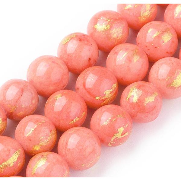 PandaHall Natural Jade Beads Strands, with Gold Foil, Dyed, Round, Orange Red, 6mm, Hole: 1mm, about 70pcs/strand, 15.75 inch(40cm) Other...
