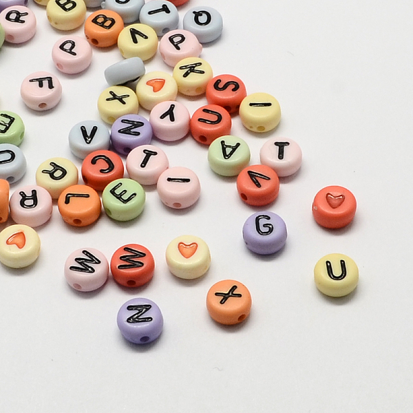 

PandaHall Colorful Acrylic Horizontal Hole Letter Beads, Flat Round with Letter, Mixed Color, 7x4mm, Hole: 1.3mm, about 3600pcs/500g Acrylic..., Multicolor