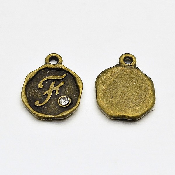

PandaHall Antique Bronze Plated Alloy Rhinestone Charms, Flat Round with Letter.F, Nickel Free, 13x10x1.5mm, Hole: 1mm Alloy+Rhinestone..., Clear