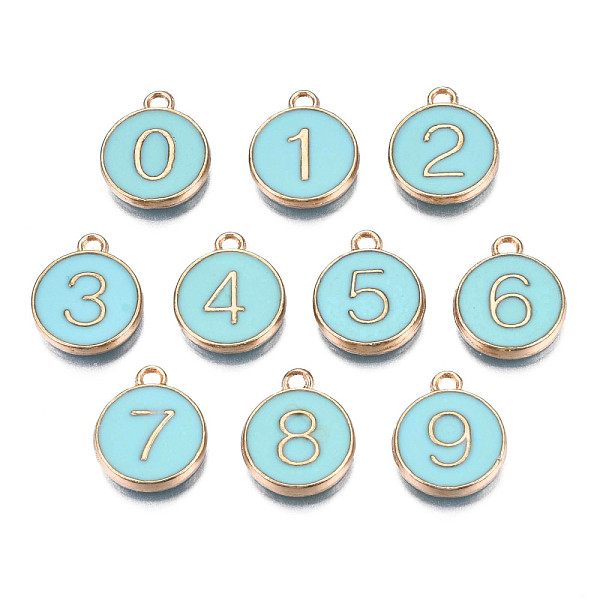 PandaHall Light Gold Plated Alloy Enamel Charms, Enamelled Sequins, Flat Round with Number, Number 0~9, Light Sky Blue, 14.5x12x2.5mm, Hole...
