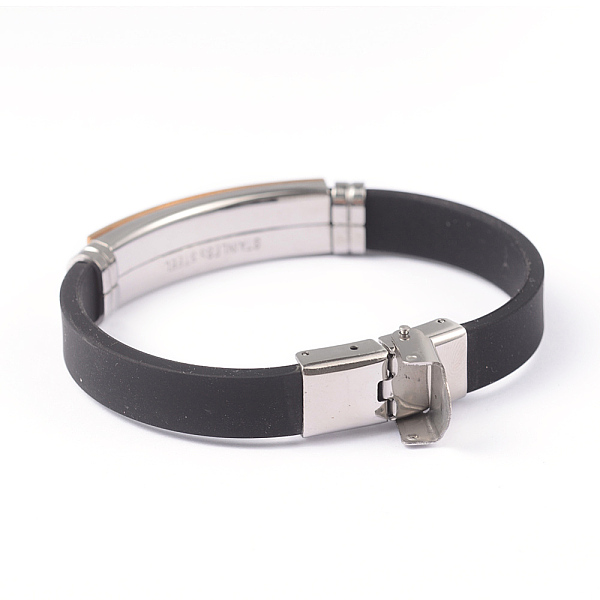 

PandaHall 304 Stainless Steel Silicone Bracelets, with Watch Band Clasps, Cross, Golden & Stainless Steel Color, 215x10x3mm Silicone