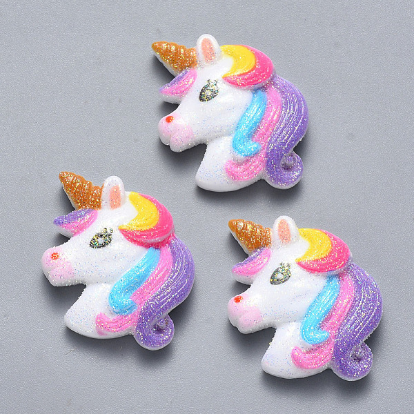 

PandaHall Resin Cabochons, with Glitter Powder, Unicorn, Colorful, 25.5x24x5mm Resin Unicorn