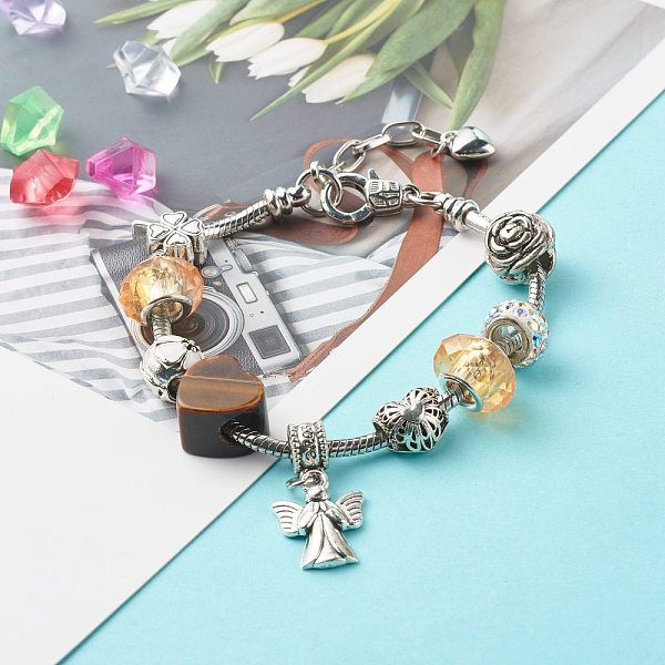 

PandaHall Heart Angel Clover Flowers European Bracelet for Teen Girl Women, Natural Tiger Eye & Glass & Alloy Beads Bracelet, 8-1/8 inch...