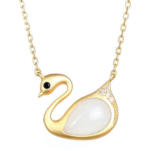 PandaHall Swan Natural Hetian White Jade Pendant Necklace, 925 Sterling Silver Necklace,...