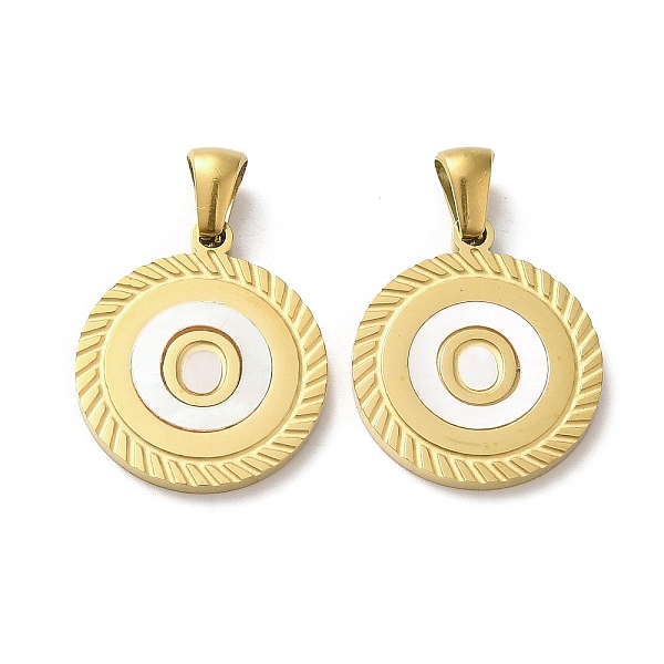 

PandaHall Ion Plating(IP) 304 Stainless Steel Pendants, Flat Round Shell Charms with Letter, Golden, Letter O, 20.5x17.5x1.5mm, Hole...