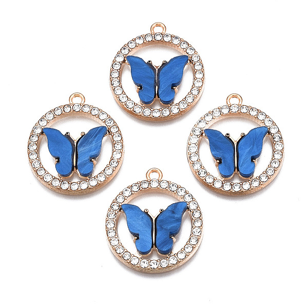 

PandaHall Alloy Rhinestone Pendants, with Acrylic, Cadmium Free & Lead Free, Ring with Butterfly, Light Gold, Blue, 24.5x22x3.5mm, Hole...