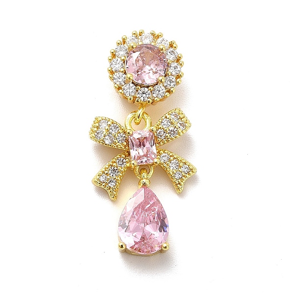

PandaHall Brass Micro Pave Clear Cubic Zirconia Pendants, with Pink Glass, Bowknot with Teardrop, Real 18K Gold Plated, 27mm, Hole: 5.5x2mm...