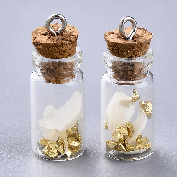 

PandaHall Glass Wishing Bottle Pendant Decorations, with Dried Flower & Chip Gemstones inside, Cork Stopper and Platinum Iron Screw Eye Pin..., Gold