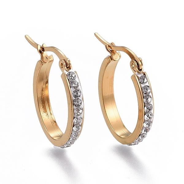 

PandaHall 201 Stainless Steel Hoop Earrings, with Rhinestone, Oval, Golden, 24x19.5x3.1mm, Pin: 0.8mm Rhinestone Oval Clear