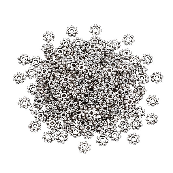 

PandaHall Tibetan Silver Daisy Spacer Beads, Snowflake, For Christmas, Antique Silver, 4~4.5x1.5mm, Hole: 1mm, 500pcs Alloy Flower