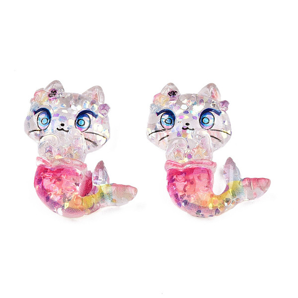 PandaHall Transparent Resin Cabochons, with Glitter Sequins, Mermaid Shape, Deep Pink, 31x26.5x8.5mm Resin Fish