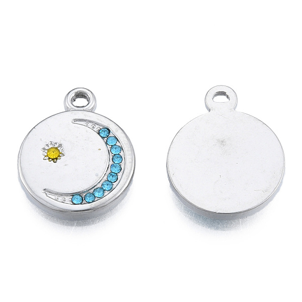

PandaHall 304 Stainless Steel Pendants, with Rhinestone, Flat Round with Moon & Star, Stainless Steel Color, 19x15.5x2.5mm, Hole: 1.6mm..., Cyan