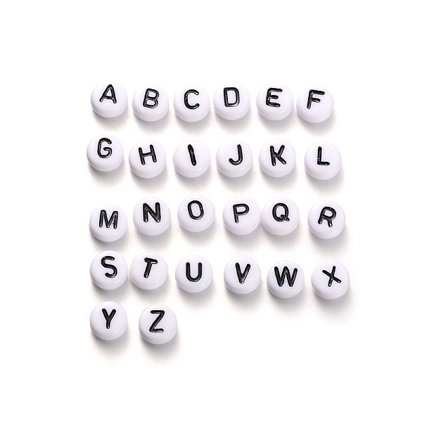 

PandaHall Horizontal Hole Alphabet Acrylic Beads, Flat Round, Letter A~Z, 7x4mm, Hole: 1mm Acrylic Letter A~Z White