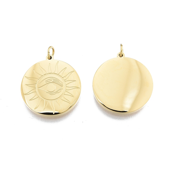 

PandaHall Ion Plating(IP) 304 Stainless Steel Pendants, with Jump Ring, Flat Round with Sun & Eye, Real 14K Gold Plated, 22x20x2mm, Jump...