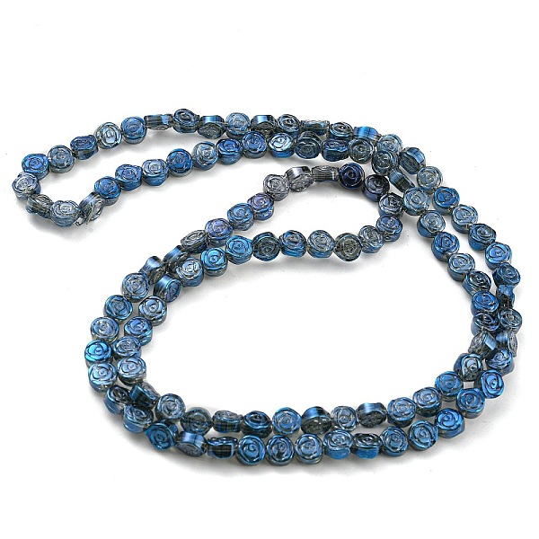 

PandaHall Half Plated Electroplate Glass Transparent Beads Strands, Rose, Steel Blue, 6x7x3.5mm, Hole: 1mm, about 110pcs/strand, 25.20 inch...