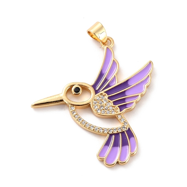 

PandaHall Brass Micro Pave Clear Cubic Zirconia Pendants, with Enamel, Long-Lasting Plated, Real 18K Gold Plated, Bird, Lilac, 33.5x31x2mm..., Purple