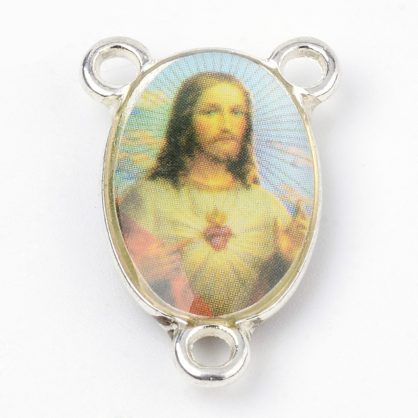 

PandaHall Alloy Chandelier Component Links, 3 Loop Connectors, Rosary Center Piece, For Easter, Cadmium Free & Lead Free, Oval with Jesus..., Blue