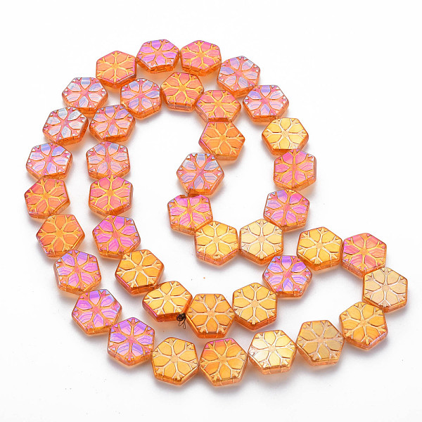 

PandaHall Electroplate Glass Beads Strands, Hexagon Snowflake, Orange, 16x15x4mm, Hole: 1.2mm, about 40pcs/strand, 24.80 inch(63cm) Glass...