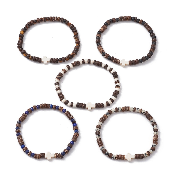 

PandaHall 4mm Round Mixed Gemstone Beaded Stretch Bracelets, Natural Coconut & Synthetic Turquoise Cross Stretch Bracelets for Women Men...