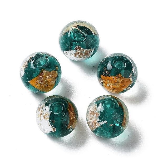 

PandaHall Handmade Lampwork Bead, with Gold Foil, Round, Teal, 11.5~12x11~11.5mm, Hole: 1.8~2mm Lampwork Round Cyan