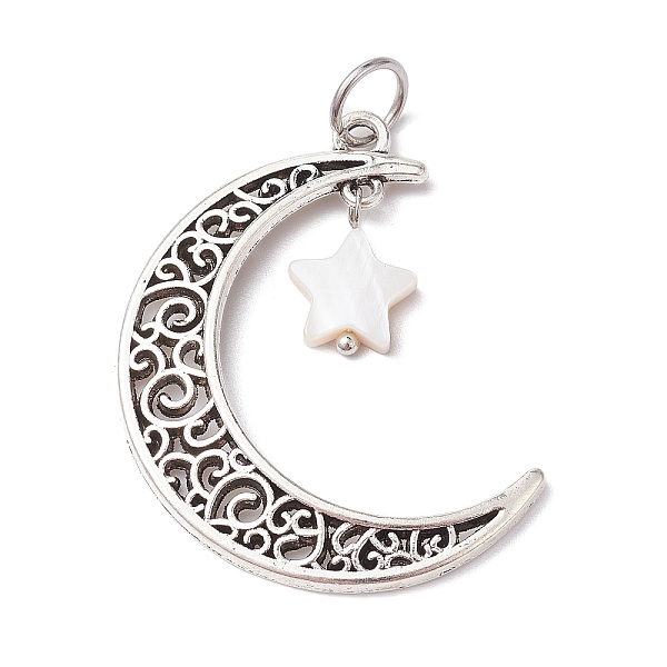 

PandaHall Alloy Moon Pendants, Hollow Moon Charms with Star Natural Freshwater Shell, Antique Silver, 41x34x2.5mm, Hole: 6mm Freshwater...