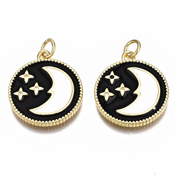 

PandaHall Brass Micro Pave Cubic Zirconia Enamel Pendants, with Jump Rings, Nickel Free, Flat Round with Moon, Real 16K Gold Plated, Black...