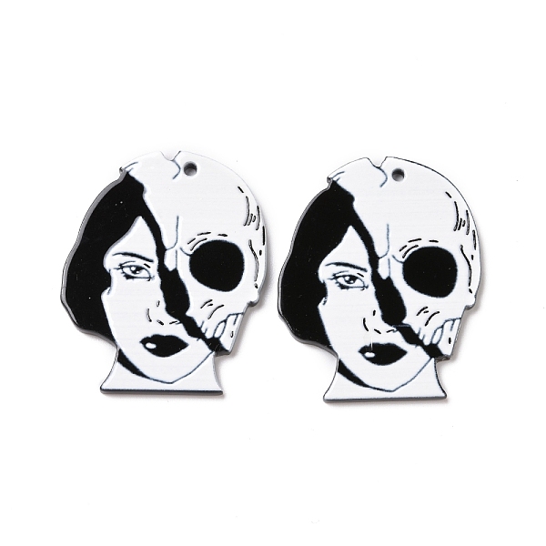 

PandaHall Halloween Printed Acrylic Pendants, Woman with Skull Charms, Women Pattern, 39.5x31x2.3mm, Hole: 1.8mm Acrylic Human White