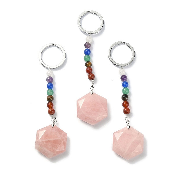 

PandaHall Natural Rose Quartz Hexagon Pendant Keychain, with 7 Chakra Gemstone Beads and Platinum Tone Brass Findings, 11.4cm Rose Quartz...