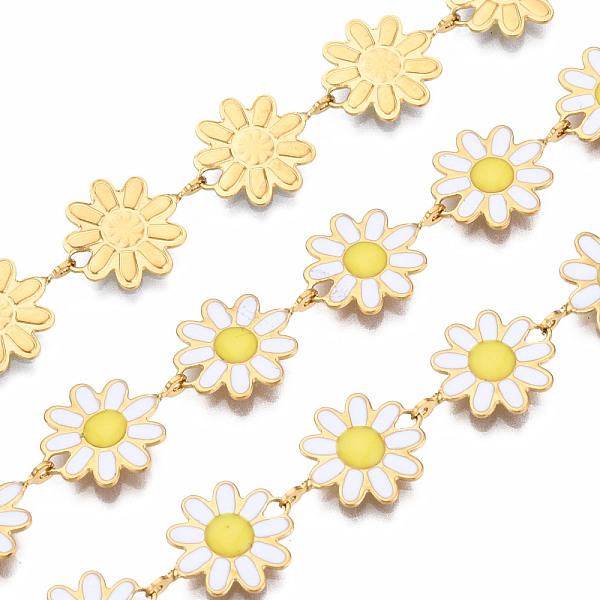 

PandaHall 304 Stainless Steel & Enamel Link Chains, with Spool, Unwelded, Real 16K Gold Plated, Nickel Free, Flower, White, 13.5x10x1mm...