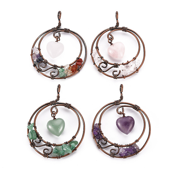 

PandaHall Natural Mixed Gemstone Big Pendants, Wire Wrapped Pendants, with Red Copper Brass Wires, Flat Round with Heart, 63.5x49~50x9.5mm...