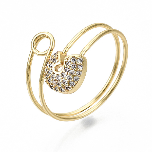 

PandaHall Brass Micro Pave Clear Cubic Zirconia Cuff Rings, Open Rings, Cadmium Free & Nickel Free & Lead Free, Safety Pin Shape, Real 16K...