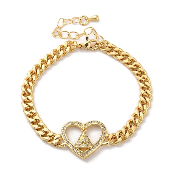 

PandaHall Brass Micro Pave Clear Cubic Zirconia Cuban Link Chains Bracelets, Nossa Senhora Aparecida Link Bracelets for Women, Real 16K Gold...