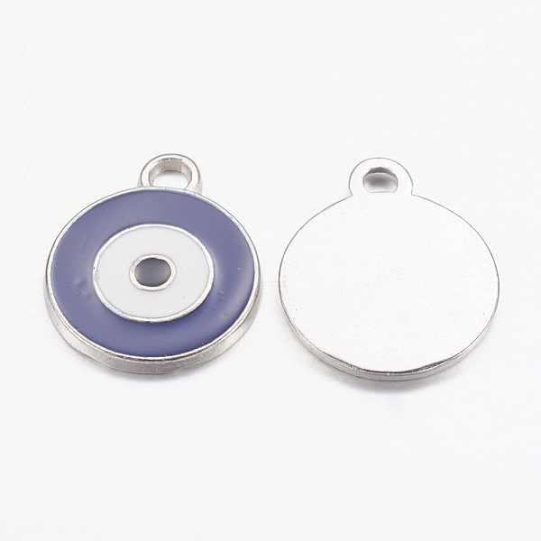 

PandaHall Zinc Alloy Enamel Pendants, Lead Free and Cadmium Free, Flat Round with Evil Eye, Platinum Metal Color, Purple, 21x16x2mm, Hole...