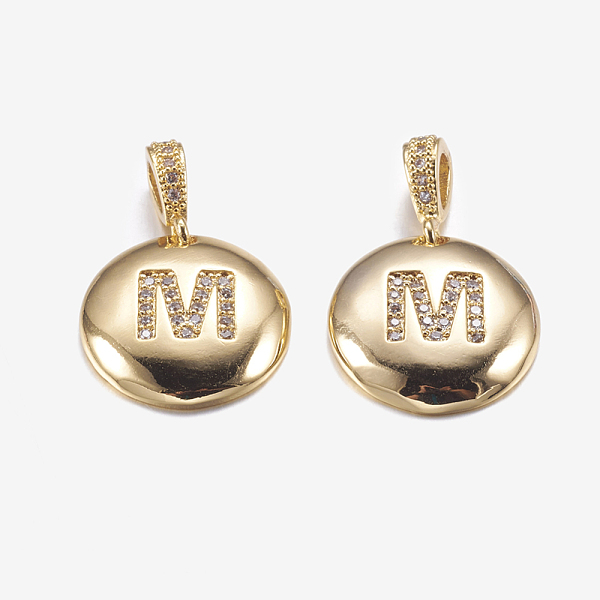 

PandaHall Brass Pendants, with Cubic Zirconia, Cadmium Free & Lead Free, Flat Round with Letter, Golden, Letter.M, 22mm, Hole: 2x3mm...
