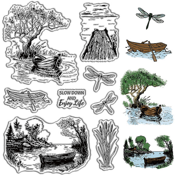 

PandaHall CRASPIRE Landscape Scenery Rubber Stamps Dragonfly Tree River Natural Transparent Clear Stamps Silicone Seals Stamp for DIY...