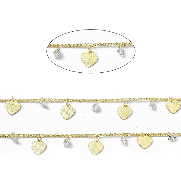 

PandaHall Handmade Brass Figaro Chains, with Heart & Clear Cubic Zirconia Diamond Charms, Soldered, with Spool, Real 18K Gold Plated, Link...