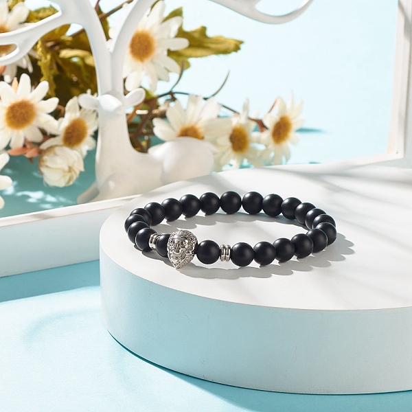 

PandaHall Synthetic Black Stone Round Beaded Stretch Bracelet with Brass Lion, Gemstone Jewelry for Women, Platinum, Inner Diameter: 2-1/8...