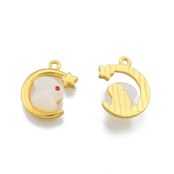 

PandaHall Glass Pendants, with Matte Gold Color Plated Alloy Findings, Moon with Rabbit & Star, Floral White, 18x15x5.5mm, Hole: 1.5mm...