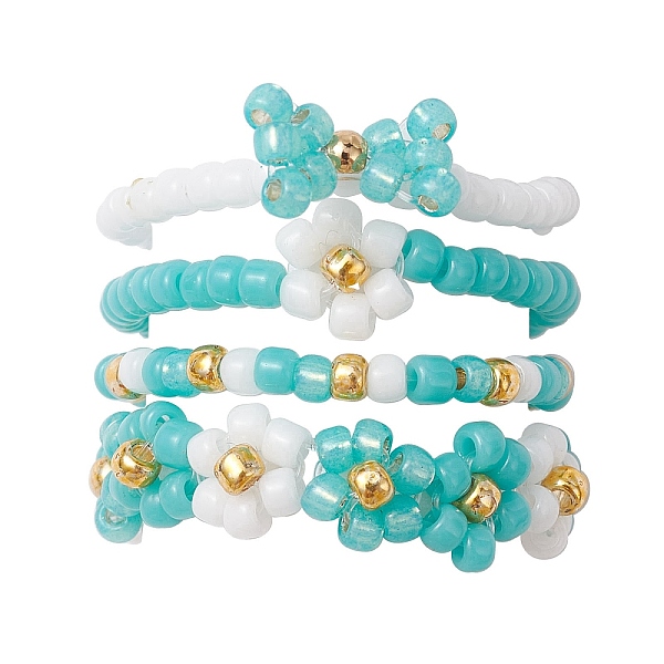 

PandaHall 4Pcs 4 Style Glass Seed Beaded Stretch Finger Rings, Flower & Bowknot Stackable Rings, Dark Turquoise, Inner Diameter: 19mm Glass