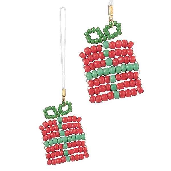 

PandaHall Christmas Glass Seed Beaded Pendant Decorations, Braided Nylon Thread Hanging Ornaments, Box, 110mm Glass Box Red