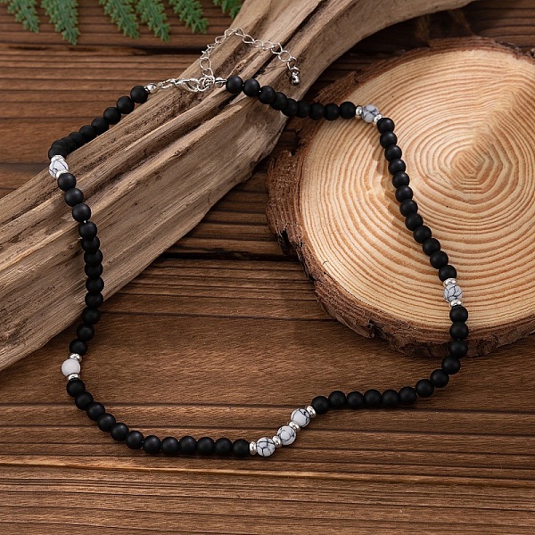 Colliers pour hommes composés de perles rondes de 6 mm en howlite naturelle et en pierre noire dépolie