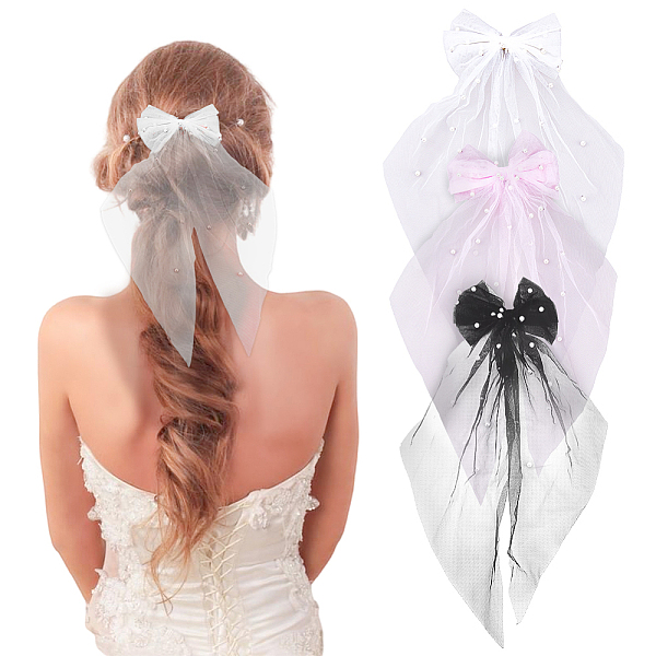 

PandaHall SUPERFINDINGS 3Pcs 3 Colors Polyester Mesh Big Bowknot Hair Barrettes, with Plastic Beads and Iron Findings, Hair Accessorise for..., Multicolor