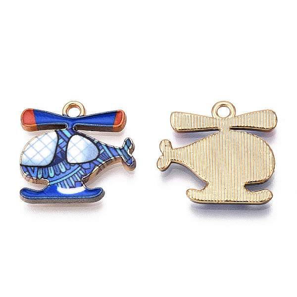 PandaHall Printed Alloy Pendants, Cadmium Free & Nickel Free & Lead Free, Light Gold, Helicopter Charm, Blue, 17.5x18.5x2mm, Hole: 1.8mm...
