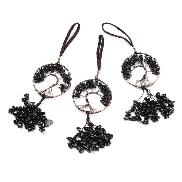 

PandaHall Wire Wrapped Chips Natural Obsidian Big Pendant Decorations, with Red Copper Plated Brass Wires and Nylon Cord, Flat Round with...