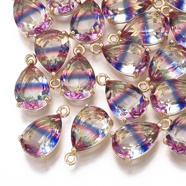 

PandaHall Glass Pendants, with Brass Findings, Faceted, teardrop, Golden, Colorful, 18x10x6mm, Hole: 1.5mm Brass+Glass Teardrop