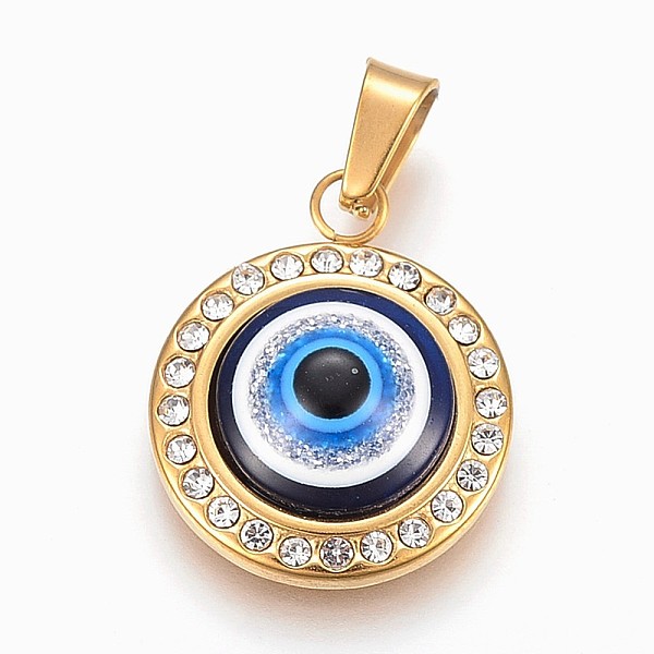 

PandaHall Resin Pendants, with 304 Stainless Steel Rhinestone Findings, Flat Round with Evi Eye, Dodger Blue, Golden, 22x18x6mm, Hole: 4x7mm...